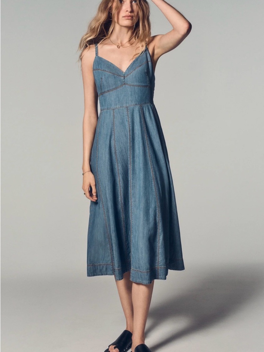 Dkny Light Blue Denim Midi Dress with Spaghetti Straps